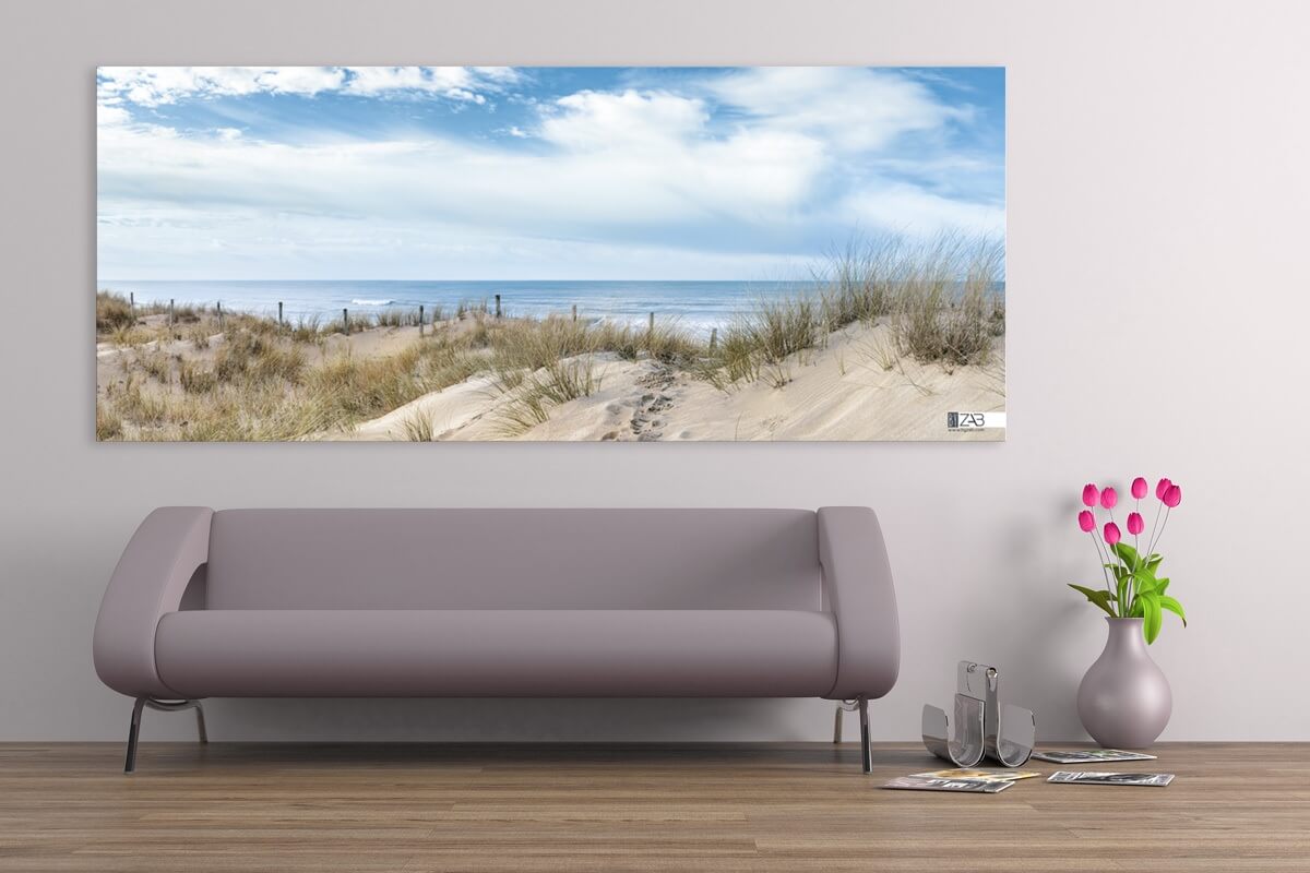 PHOTOMONTAGE-dune2m Byzab - exemple de rendu d'une bache de décoration outdoor sur paysage marin de l'océan atlantique